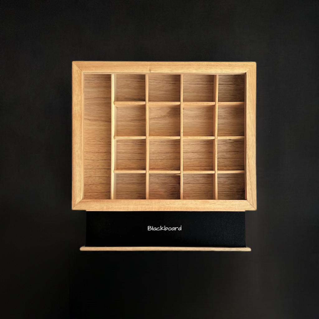 Loose parts play box with blackboard tray for creative play